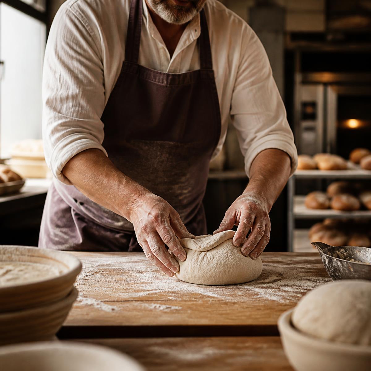 Baker shaping dough in a professional bakery kitchen